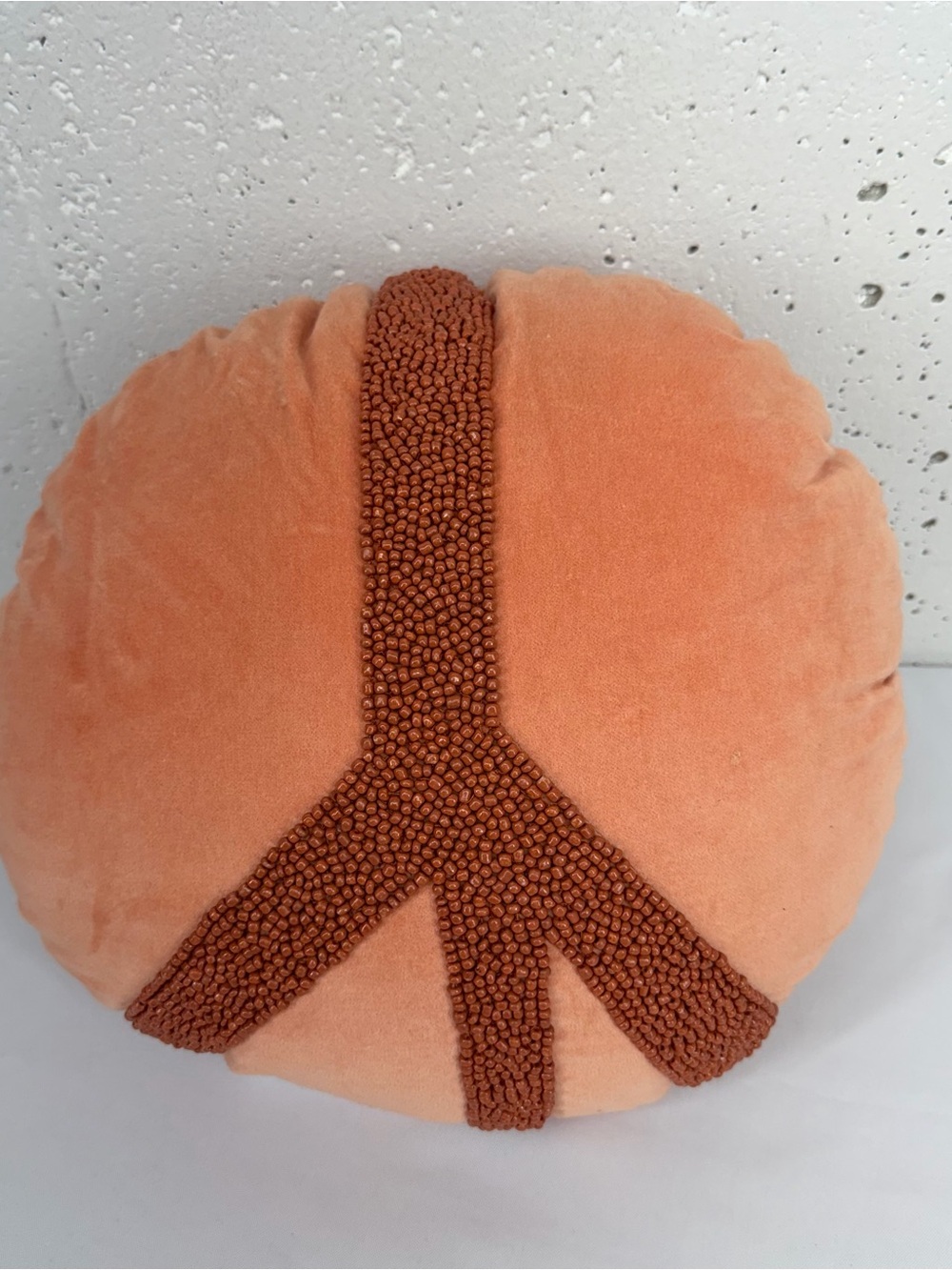Opal House Round Peach Pillow with Beaded Peace Design 14”